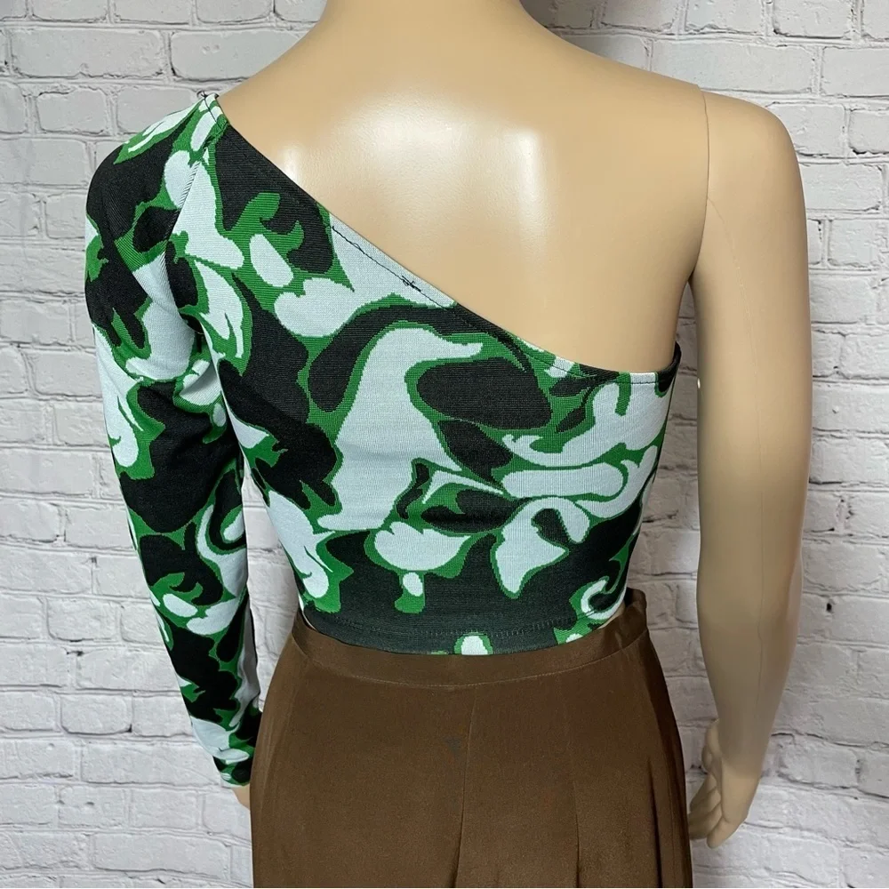 NWT New ZARA Asymmetrical Green Black Jacquard One Sleeve Top Size S